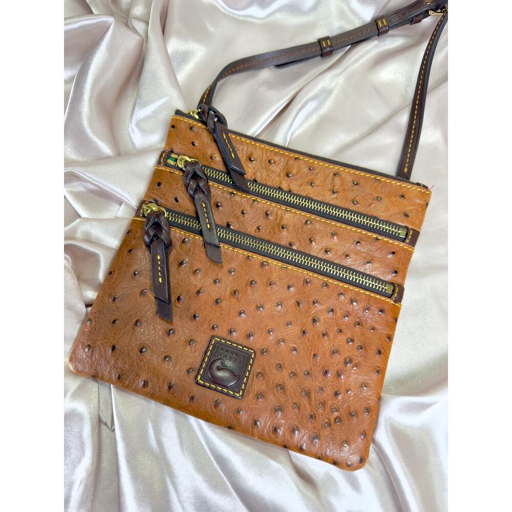 Dooney & Bourke Triple Zip Crossbody – Ostrich-Embossed Caramel Leather